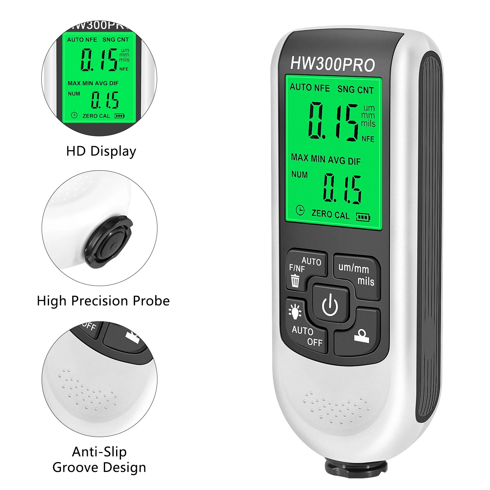Automotive Paint Thickness Gauge HW300PRO 0-2000UM Fe NFE Coating Meter