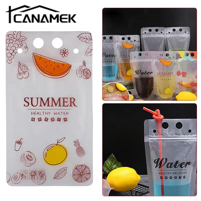 10set(Bags +Straw )500ml Frosted Plastic Drinking Beverage Bag Party Wedding Fruit Juice Milk Tea Portable Pouches