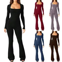Women's Thigh-high Jumpsuit Long-sleeved Flare Pants Solid Square-neck Jumpsuits Bodycon Romper High Waist Wide Leg Playsuit