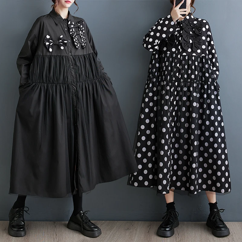 

#6863 Spring Autumn Women Asymmetric Shirt Dress Long Sleeve Loose Split Joint Bow Mesh Long A-Line Shirt Dress Turn-down Collar