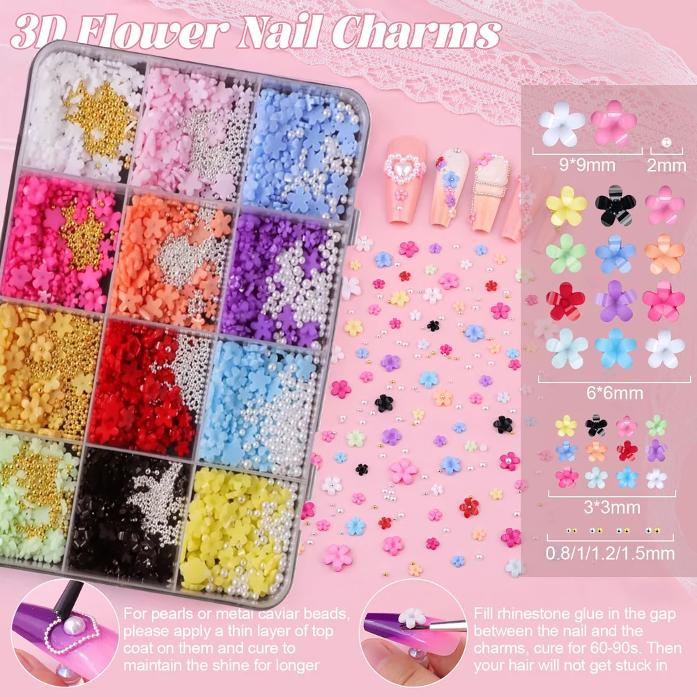 12Grids(1500pcs) 3D 수지 꽃 네일 참 + 골드/실버 스틸 비즈 DIY 네일 디자인을위한 3/6mm 다채로운 꽃 네일 장식