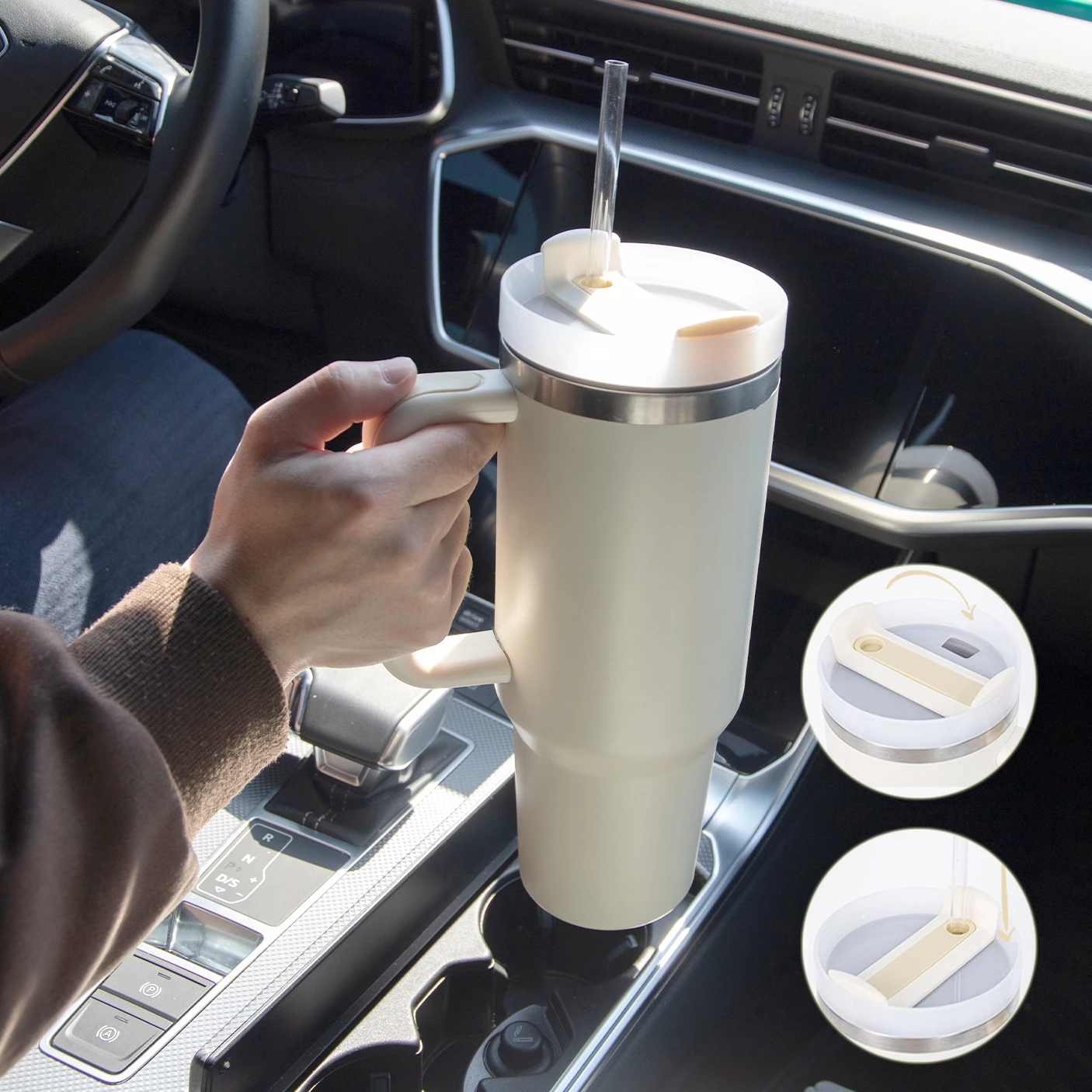 

40oz Straw Coffee Insulation Cup With Handle Car Tumbler Stainless Steel Water Bottle Large Capacity Mug Portable Thermos Bottle
