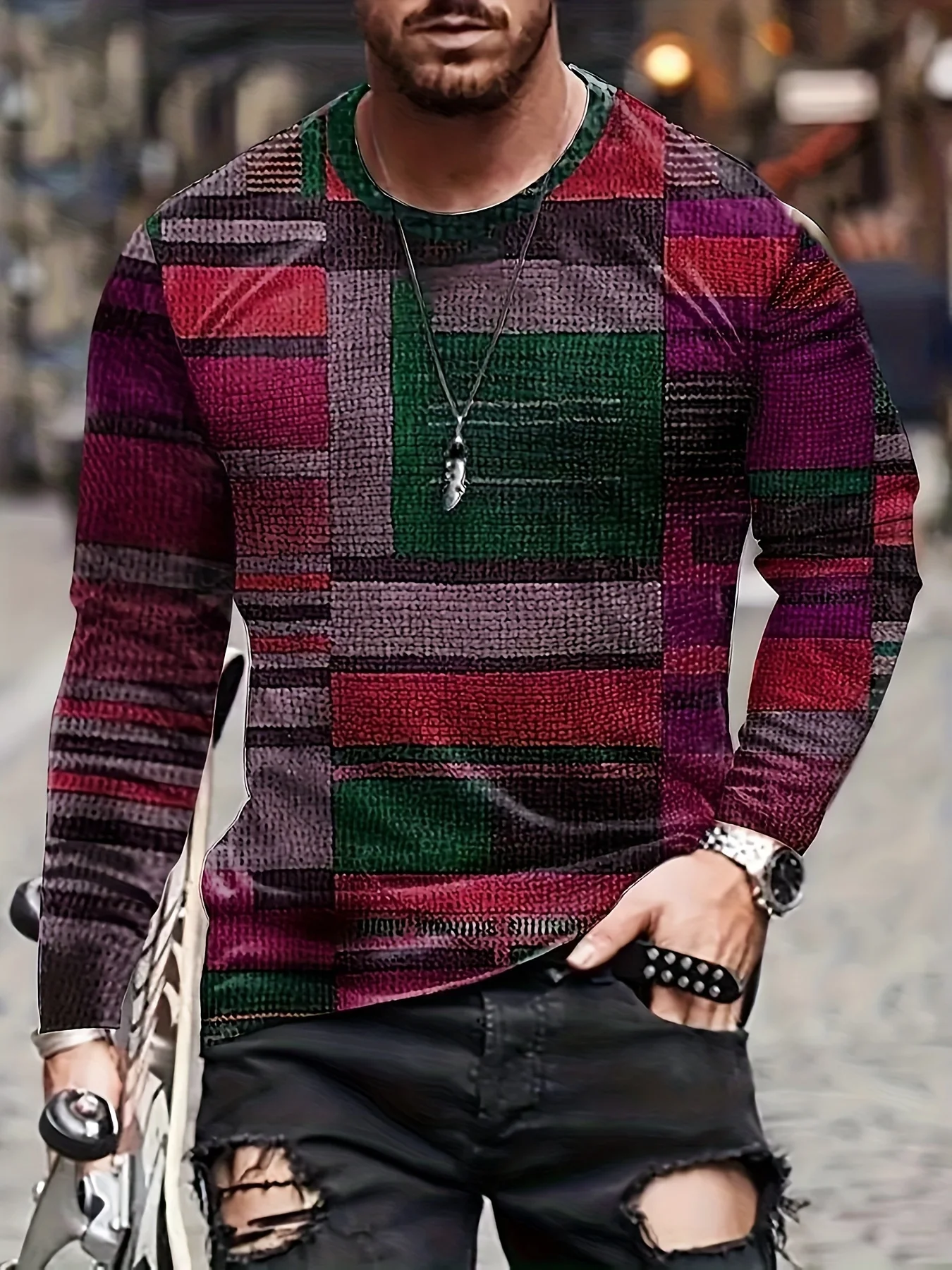 Männer Bunte Unregelmäßige Plaid Muster Rundhals Langarm T-shirt Frühling Und Herbst Outdoor Sport Tops