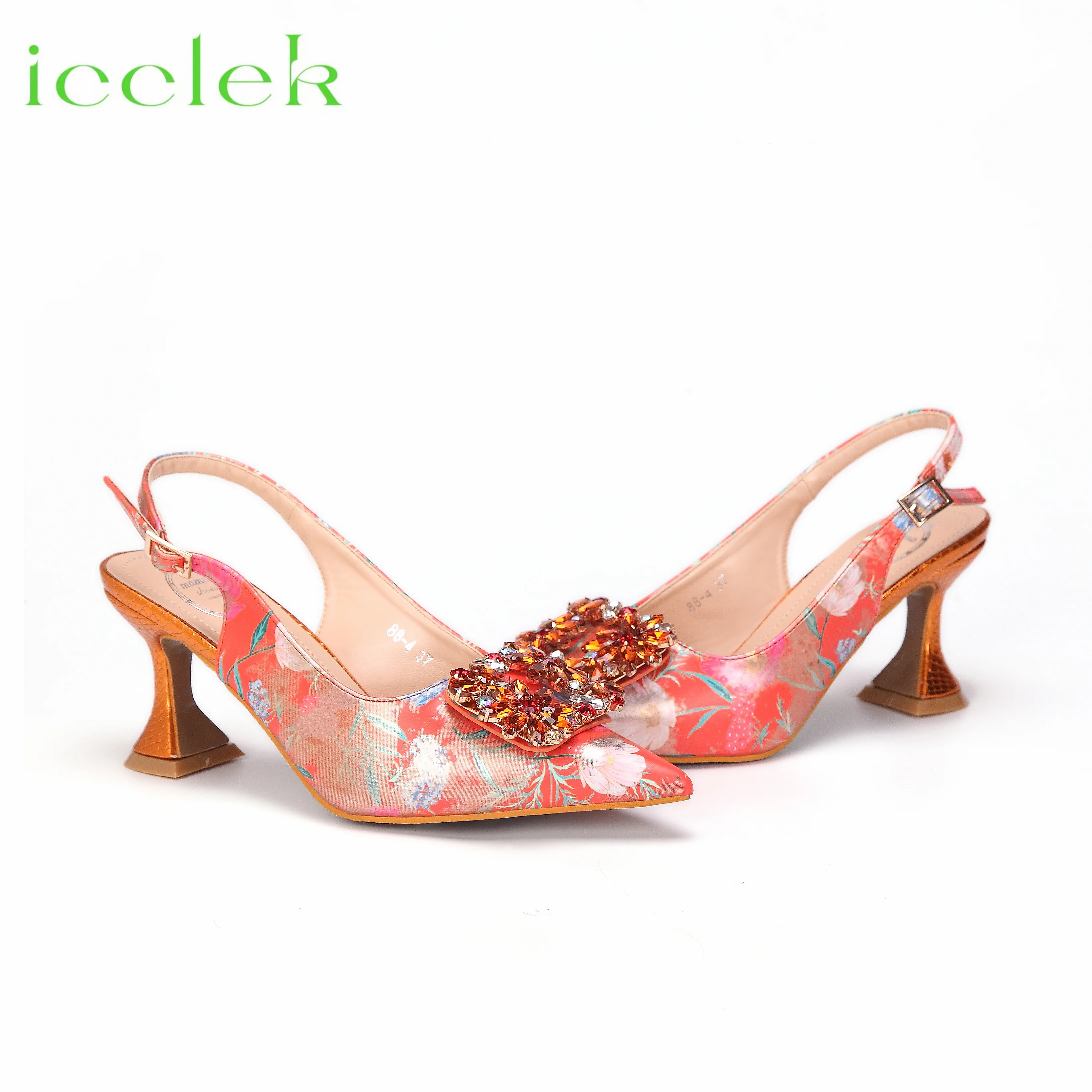 Women High Heels Sandals Printing Flower Material with Rhinestone Italian Design Coffee Color Pointed Toe Shoes and Bags Set
