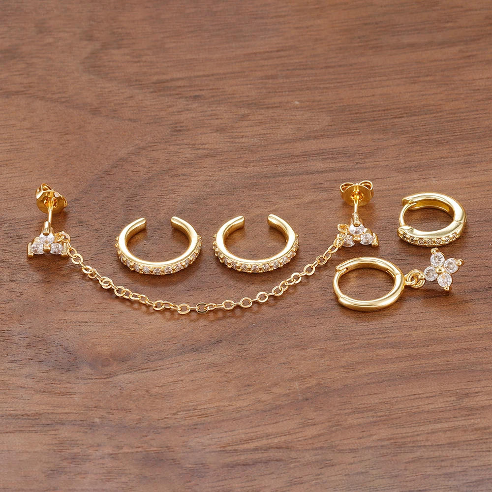 5PCS Mode Vier Zirkon Blume Hoop Ohrring Set Für Frauen Doppel Kette Quaste Piercing Schmuck Falsche Perforation Ohr Clip – Detail 9