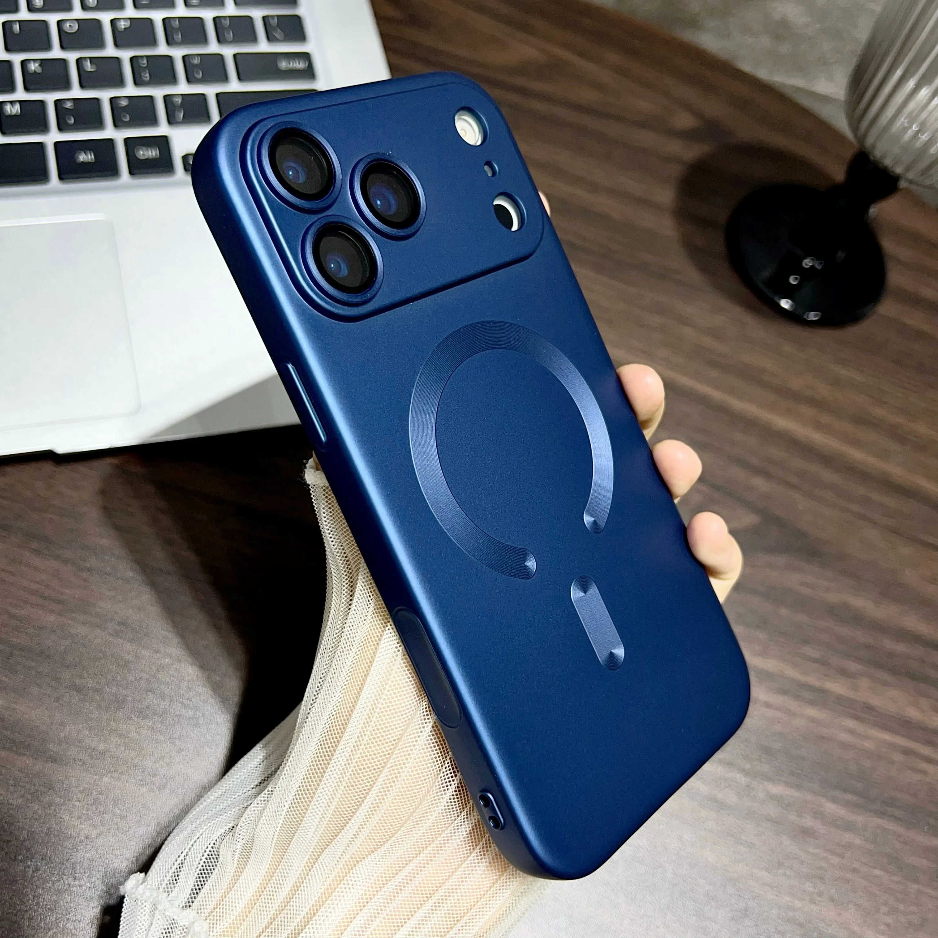 Luxury Matte Metallic Magnetic Case with Glass Lens & AI Button, Soft Cover