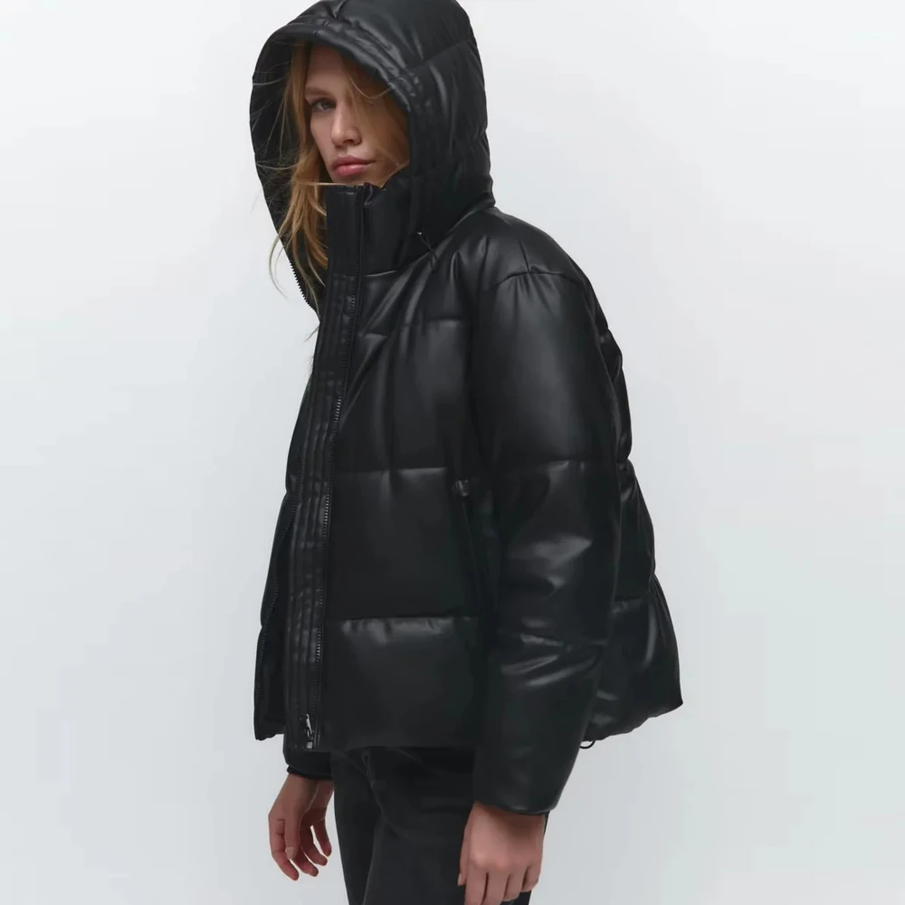 

2022 hooded fur leather Parka women winter coat Long Sleeve PU Outwear Motorcycle Black winter jacket