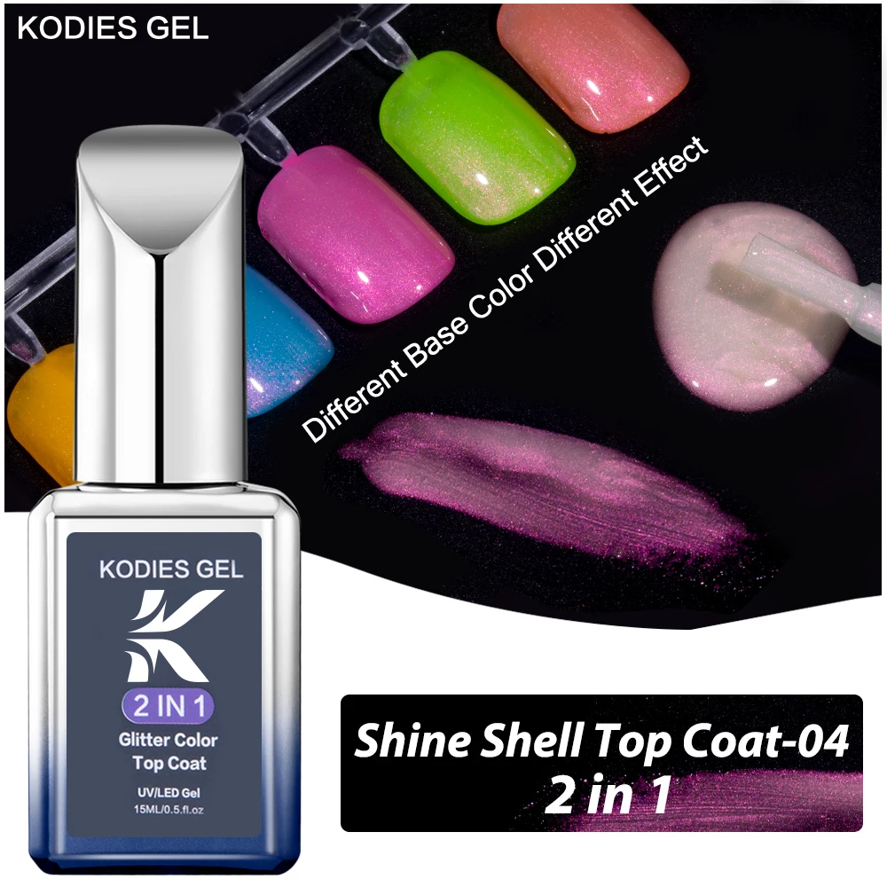 KODIES GEL Glitter Top Coat Aurora Chrome Gel Nail Polish 2 IN 1 Sparkle Shimmery Pink Nail Gel Finish Topcoat Manicure