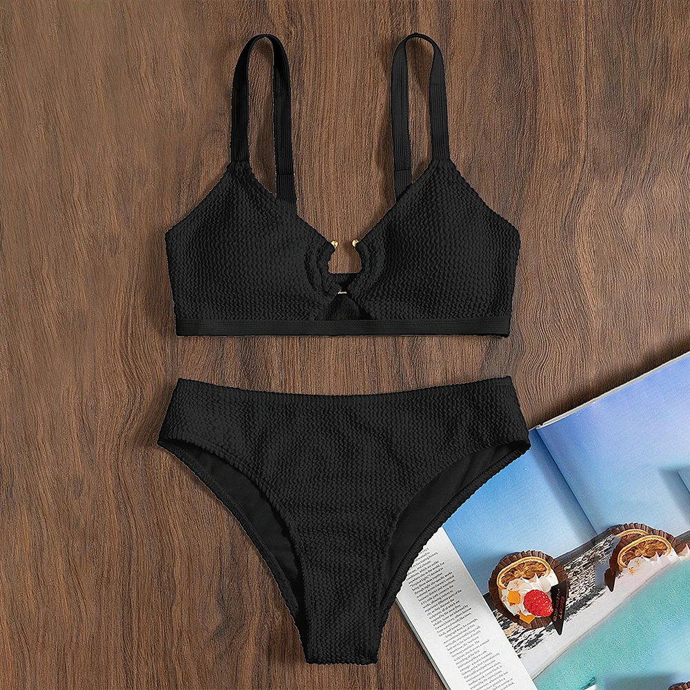 Ring Linked Women Bikini Swimsuit High Waisted Swimwear Suit Solid Color Beachwear 2022 New Beach Bathing Suits