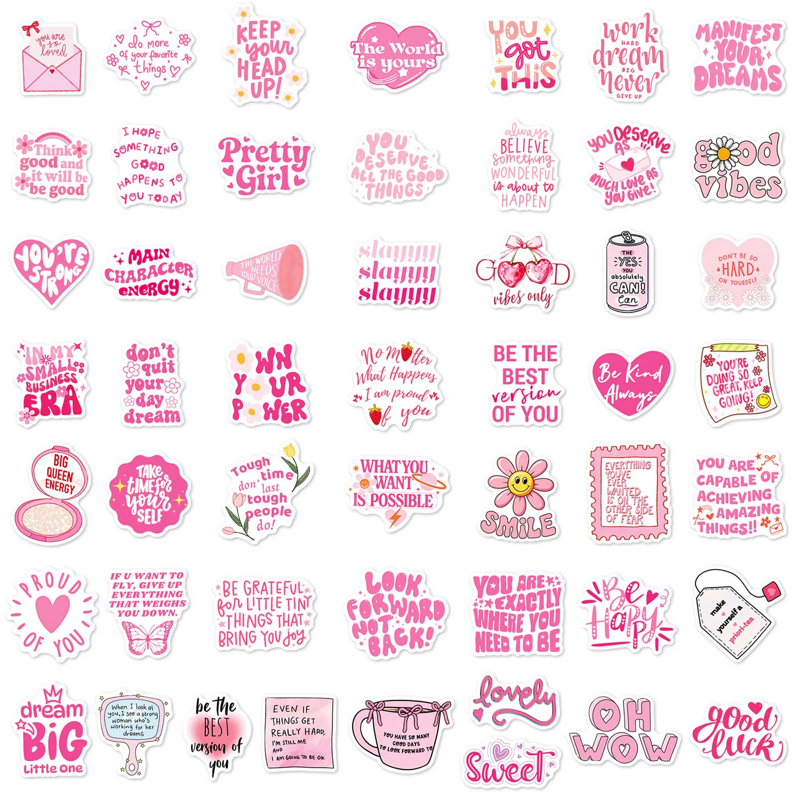 Motivational Pink Cartoon Quote Stickers - 50 Pack Inspirational Decals