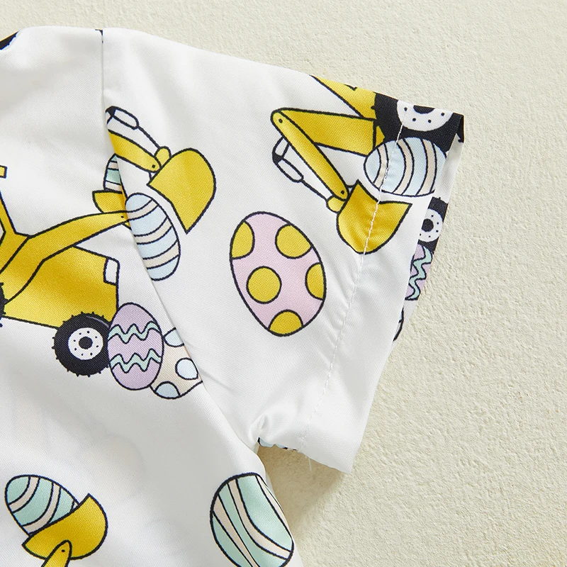 Baby Boys Easter Jumpsuit Short Sleeve Lapel Egg Excavator/Bunny/Bunny Egg Print Romper with Bow Necktie 6