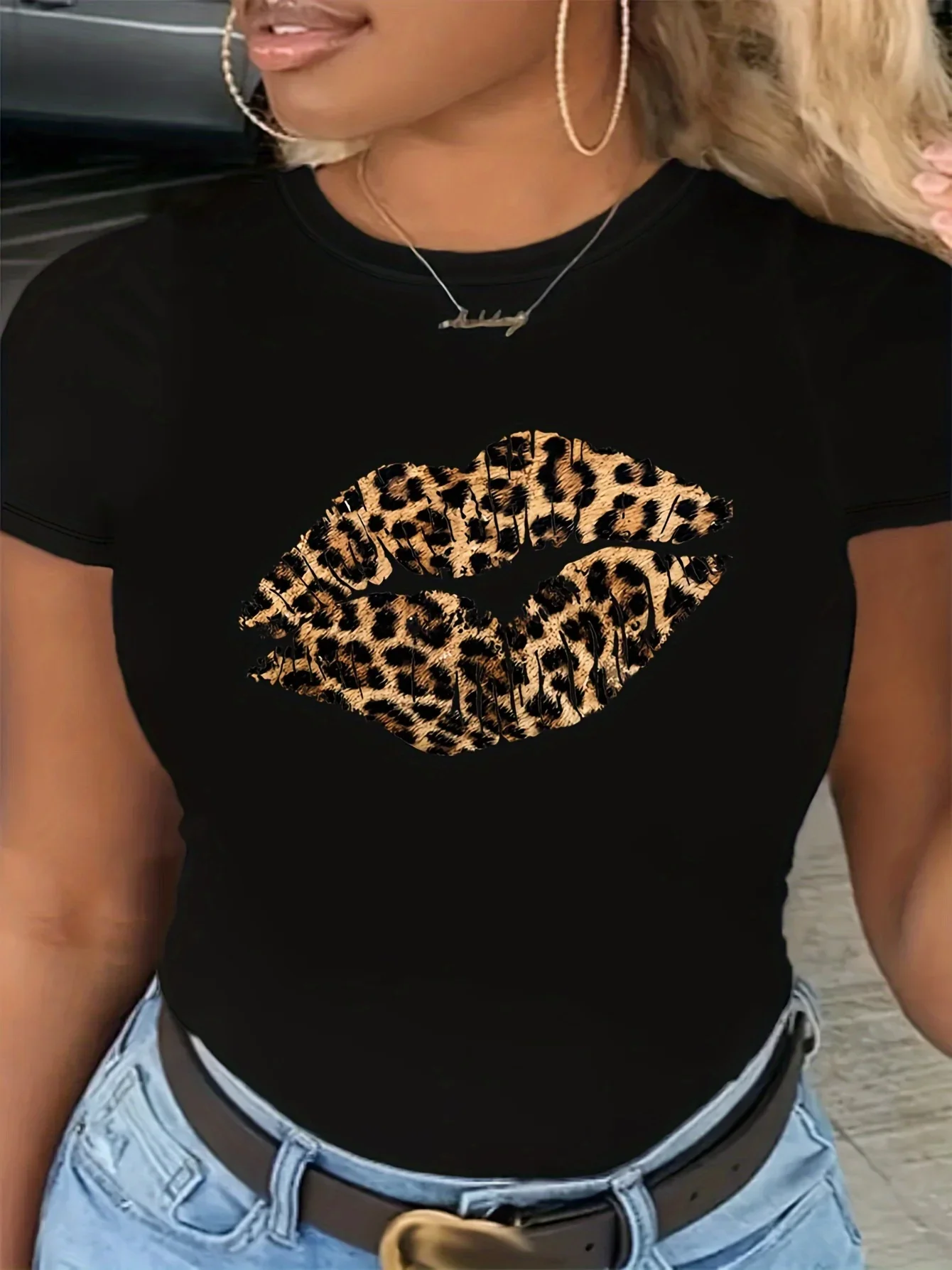 Summer Womens Leopard Print Lip Print Casual Plus Round Neck Short Sleeved Comfortable Breathable T-shirt Top Graphic T Shirts 1