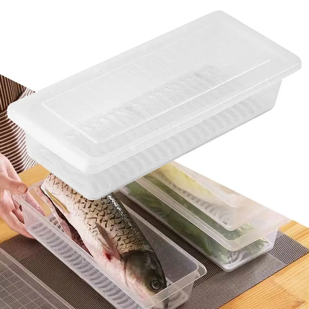 1Pcs with Lid Crisper Box Drain Layer Refrigerator Frozen Food Organizer Food Grade PP S/M/L Fish Meat Storage Box Kitchen