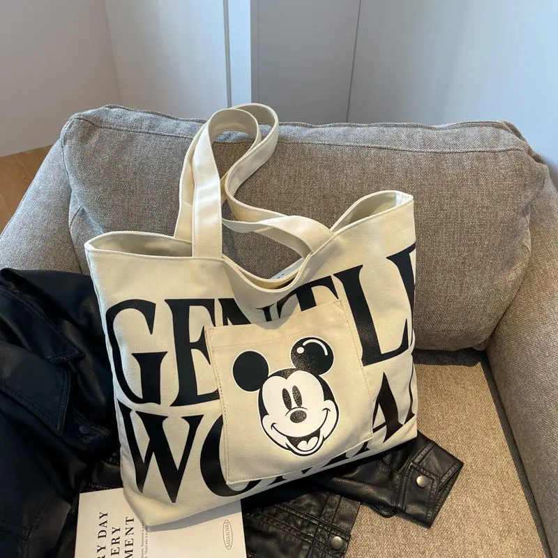 Disney Large Capacity Tote Bag for Women Kawaii Mickey Mouse Letter Canvas Shoulder Bag Girls Cartoon Minnie Mouse Handbags