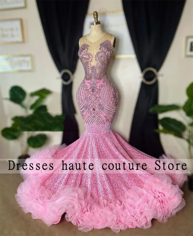

Luxury Pink Beaded Mermaid Long Prom 2024 For Black Girl Luxury Crystals Birthday Party Gowns Formal Evening Dress
