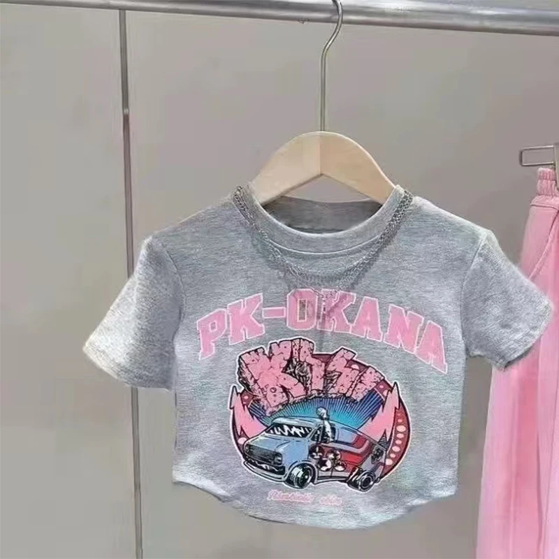 Girls Clothing Set Teenager Summer Girls Clothes Midriff Street Suit Crop Top T Shirt + Pant