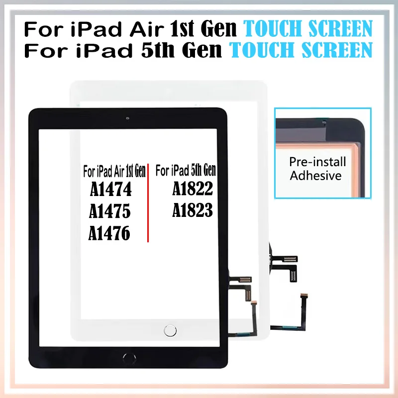 

New 10Pcs For iPad 5 5th Gen A1822 A1823 Air 1 A1474 A1475 A1476 Touch Screen Digitizer Home Button Front Outer Glass Panel