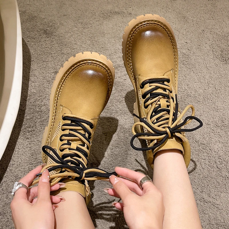 

New Vintage Platform Ankle Boots for Women Mesh Breathable Short Boots Woman Mix Color Lace Up Motorcycle Boots Zapatos Mujer