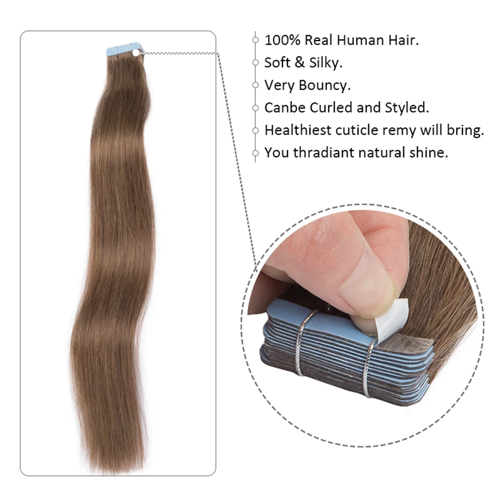 Straight Tape In Human Hair Extensions Machine-made Skin Weft Remy Human Fusion Hair Double Sided Adhesive Tape 40/50g/pack