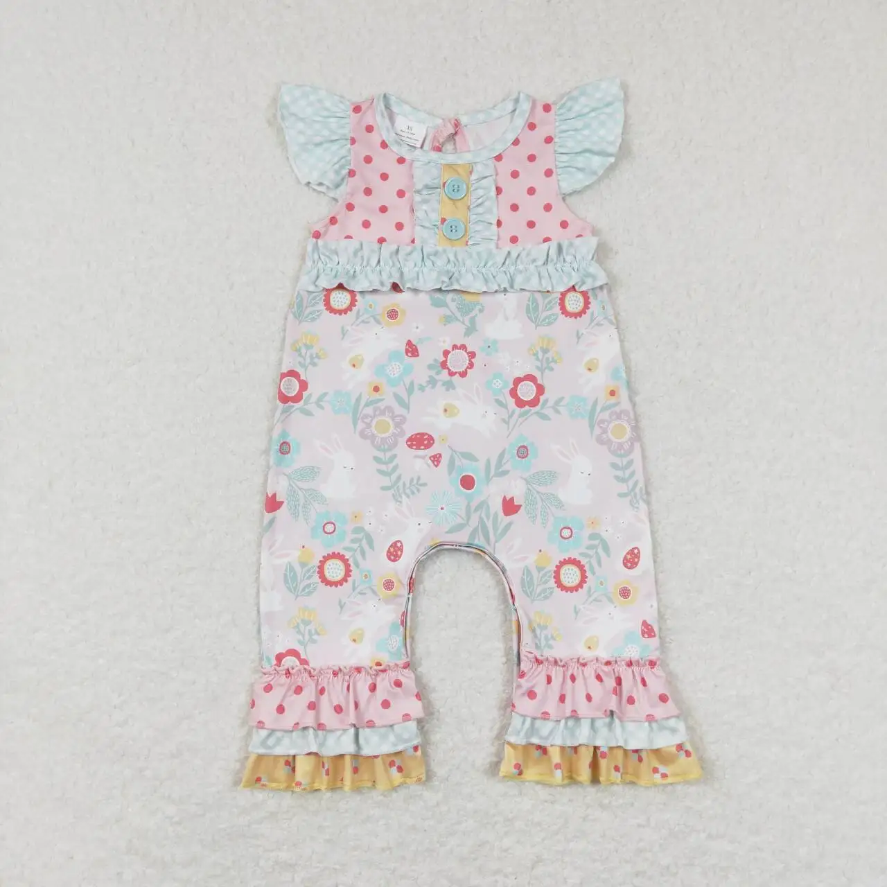 

Wholesale hot sale baby kids clothes newborn toddler Floral bunny polka dot yellow lace short-sleeved onesie rompers
