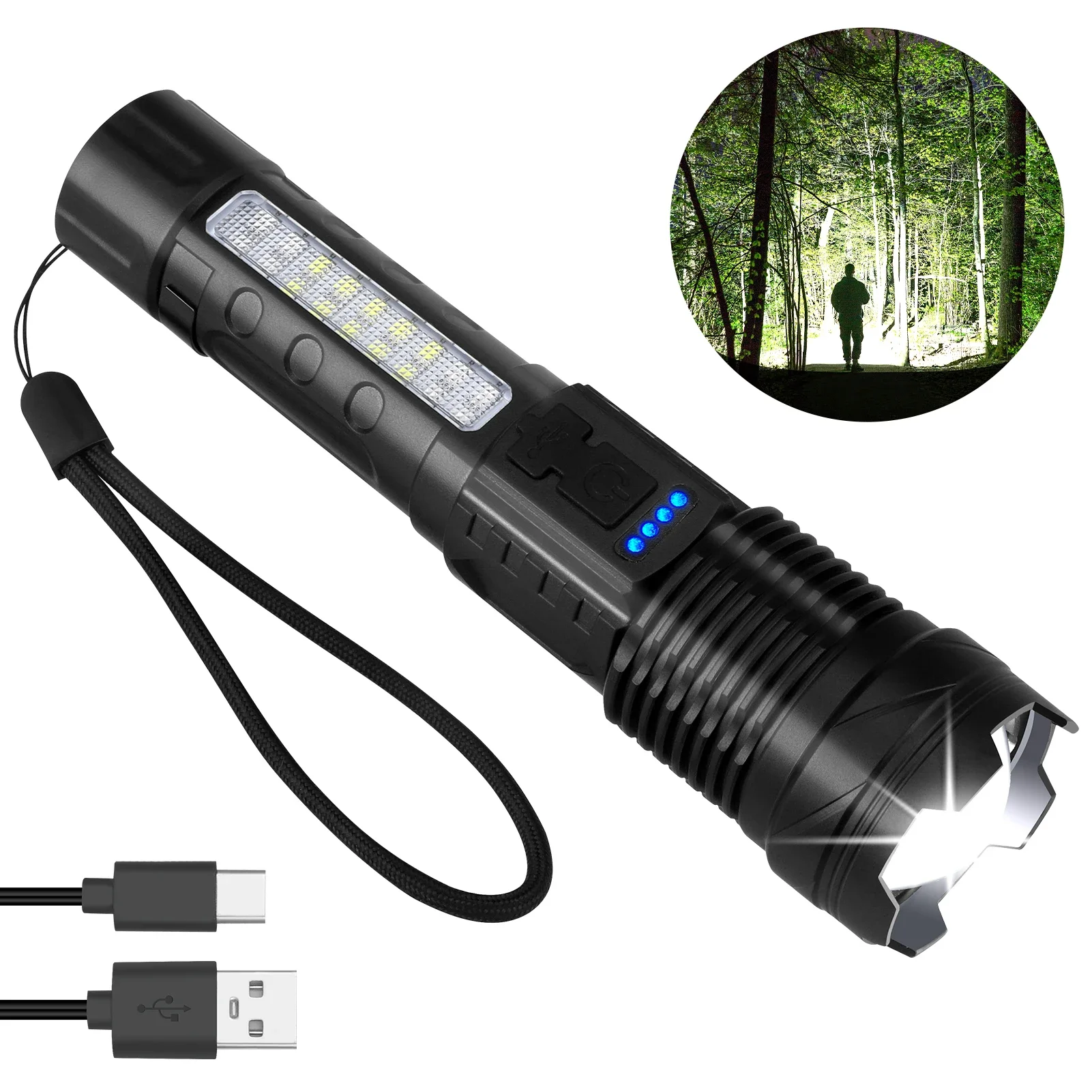 Portable Flashlight Portable Torch Portable Spotlight New USB Rechargeable Flashlight Waterproof Ultra Bright Tactical Flashlight Focus Zoomable Outdoor Pocket Flash Light