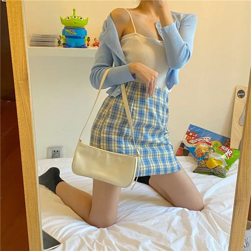 Women's three-piece small suspender vest+sunscreen long-sleeved knit cardigan+high waist plaid skirt new summer 2024
