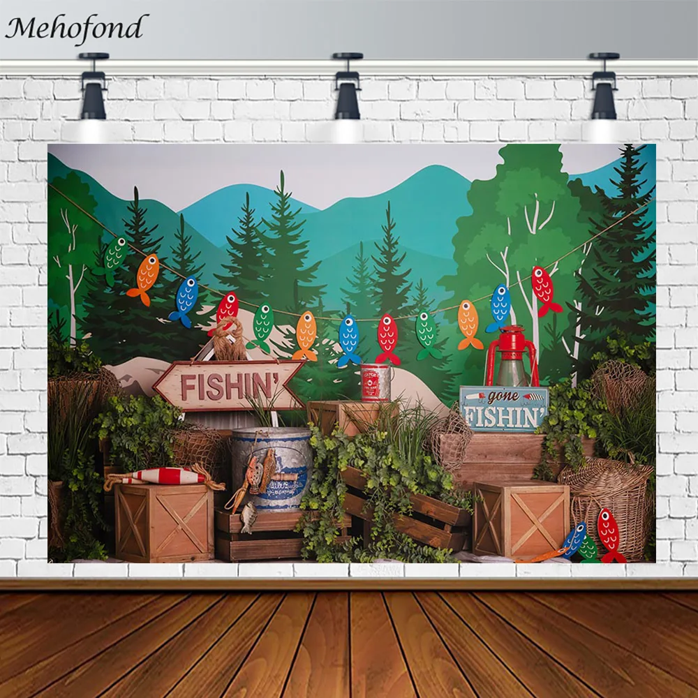 

Mehofond Boy's Birthday Backdrop Spring Fishing Mountain Cake Smash Newborn Portrait Photography Background Photo Prop Photozone