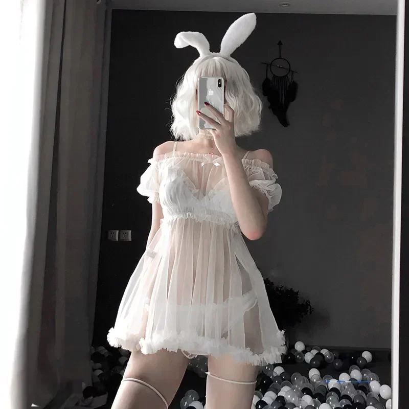 

Sexy Sexy Underwear One Shoulder Full Transparent Pyjamas Small Chest Gathering Charming New Uniform Role Play Kawaii Lace