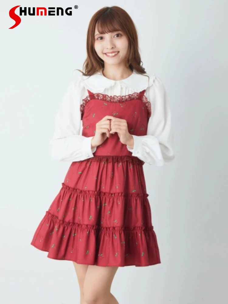 

Japanese Style Cute Mine Mass-Produced Red Short Sling Dress Kawaii Autumn Soft Girl Sweet Cherry Handle Suspender Dresses Women