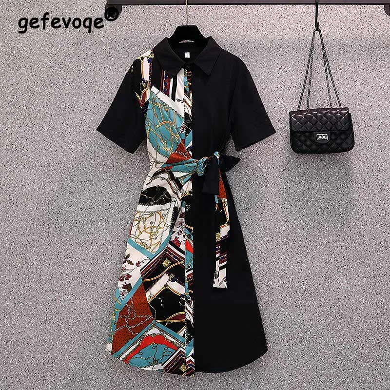 

Office Lady Print Patchwork Belt Shirt Dresses Summer 2023 New Polo-Neck Short Sleeve Tunic Chiffon Midi Dress Women's Clothing