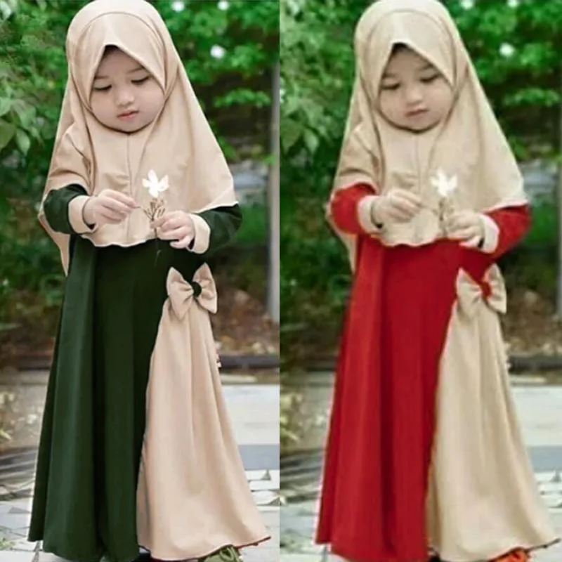 

Eid Ramadan Muslim Girls Kids Prayer Dress Islam Clothing Khimar Abayas 2PCS Dubai Turkey Abaya Kaftan Hijab Robe Overhead Gown