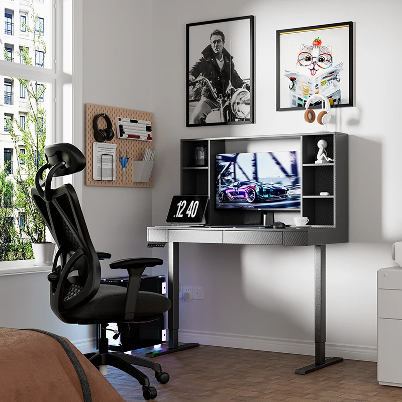 שולחן מחשב מתכוונן בגובה עם מדפים, שולחן מחשב מרובה תכליתי בצורת I לשימוש בבית, שולחן מחשב ללימודים