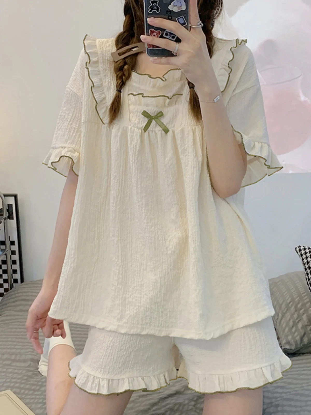 Summer Women's Sleepwear Cotton Gauze Thin Short Sleeve Home Clothes Set Sweet Princess Style Dress Comfortable Breathable - 5