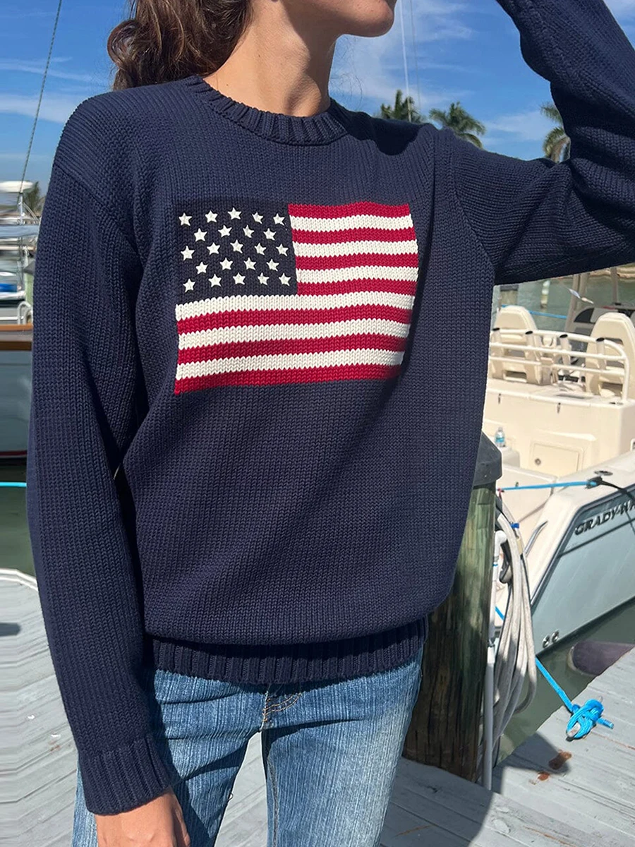 Women American Retro Sweater Long Sleeve Crew Neck Loose Fit Knit Pullover Tops Y2k Casual Loose Pullover Sweater 2