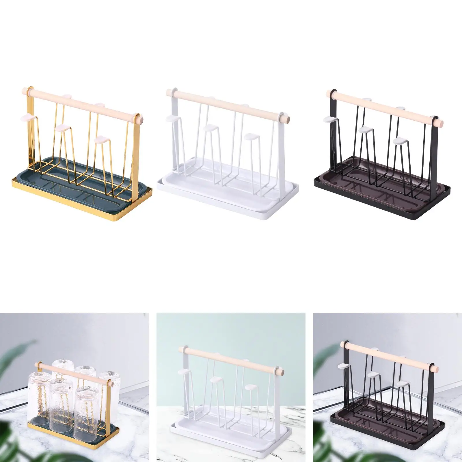 Luxury Coffee Mug Water Cup Rack 6 Cup Holder and Plate Water Mug Draining Drying Glass Cup Stand for Coffee Cup Countertop 6