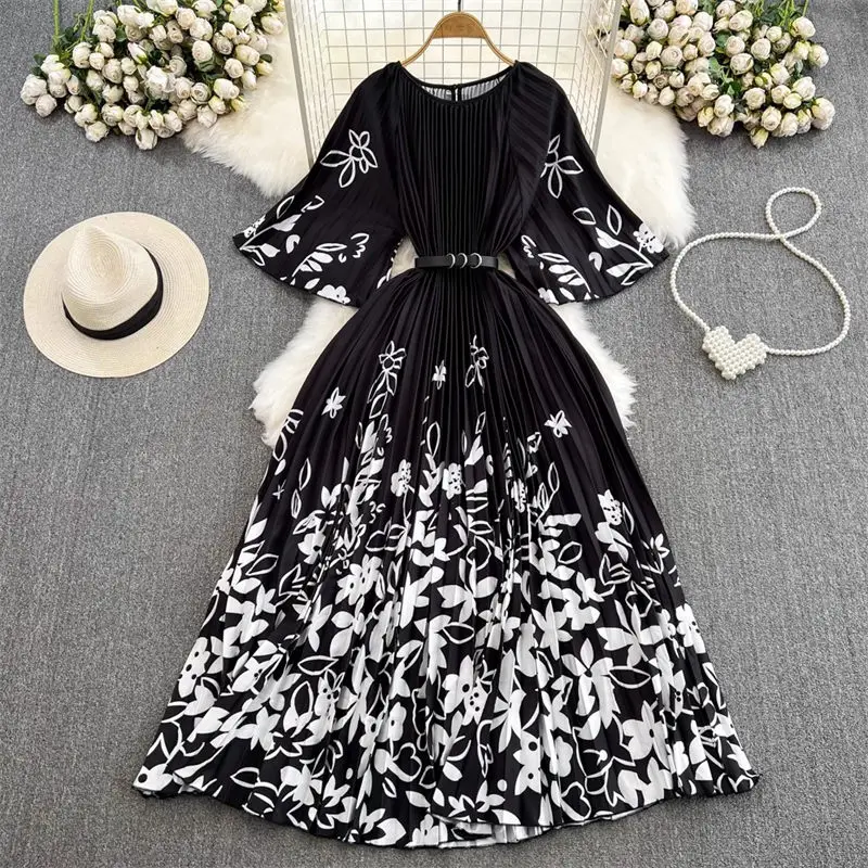 

Celebrity Temperament Pleated Long Dress 2023 Summer Half Sleeve Round Neck With Waistband A-Line Printed Dress Elegant Z2151