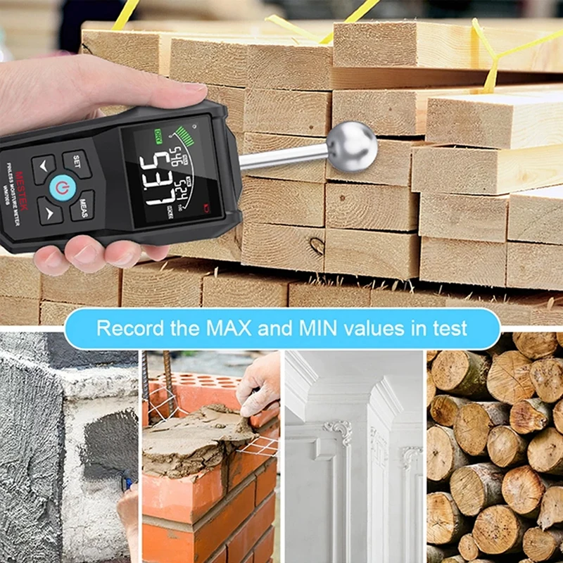 Wood Moisture Meter Digital Wood Moisture Meter Hygrometer Non-contact Timber Damp Detector Alarm Non-destructive Humidity Tester