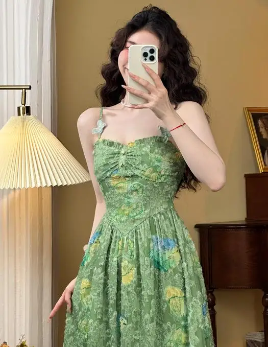 Summer New Floral Printed Spaghetti Strap Midi Dleevees for Women High Waist Holiday Style Korean Fashion One Piece Vestido