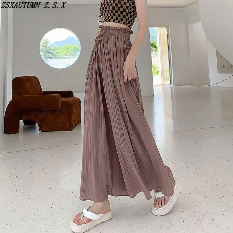 

Chiffon Pleated Wide Leg Pants Women's Baggy High Waist Summer New Korean Trousers Trend Fashion Slacks Pantalon Elegant Female