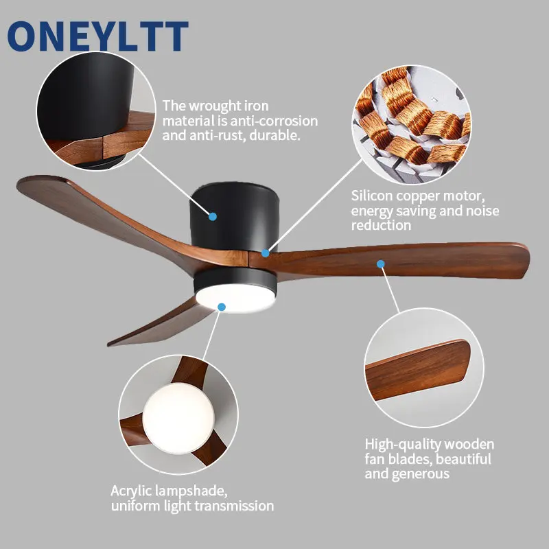 48 52inch Nordic Solid Wood Ceiling Fan Modern Minimalist Restaurant Living Room Bedroom Household,Fan with LED Lamp Ventilation