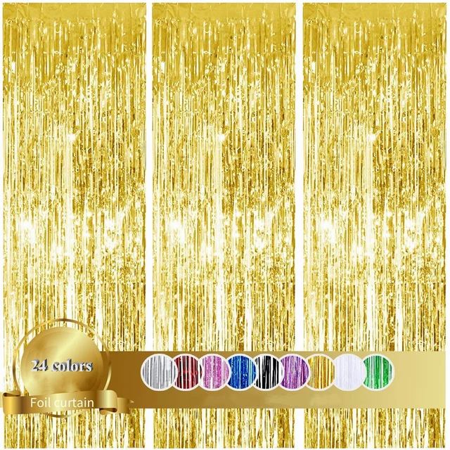 Black and Gold Foil Fringe Curtain,Tinsel Metallic Curtains Photo Backdrop  Streamer Curtain for New Year Birthday Party Supplies