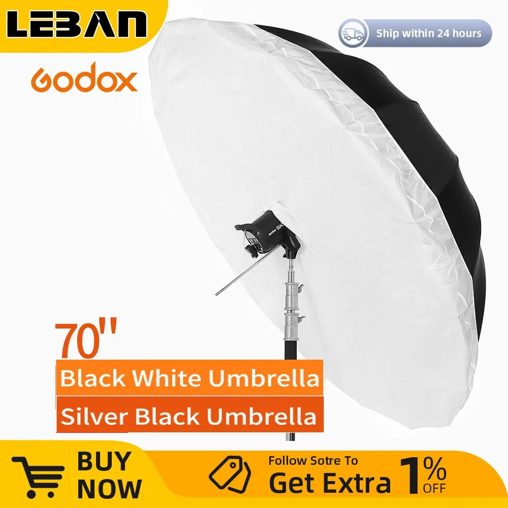 Godox 70 인치 178cm 블랙 화이트 또는 블랙 실버 반사 우산 스튜디오 조명 라이트 우산 대형 디퓨저 커버 포함