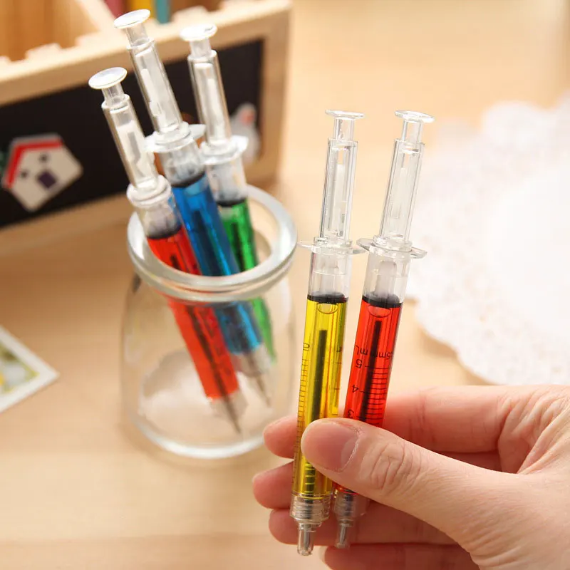 16pcs 참신한 주사기 펜 주사기 특이한 모양 귀여운 문구 볼펜 총알 5mm 자동 리필 가능 볼펜