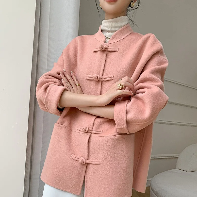 

Chinese Style Twisted Buckle Tang Suit Women's Versatile Double Sided Woolen Coat100% pure wool