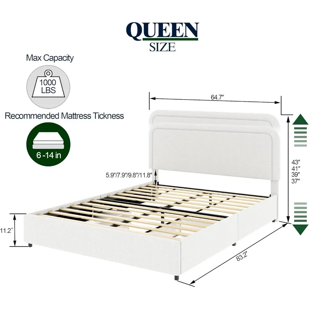 Bed with Storage,Queen Size Platform Bed Frame with 2 Drawers,Curved Stitched Tufted Headboard, Wooden Slat Mattress Support 2