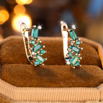 Irregular Small Rectangle Round Green Stone U Shaped Hoop Earrings For Women Antique Gold Color Small Ear Buckle Party Jewelry