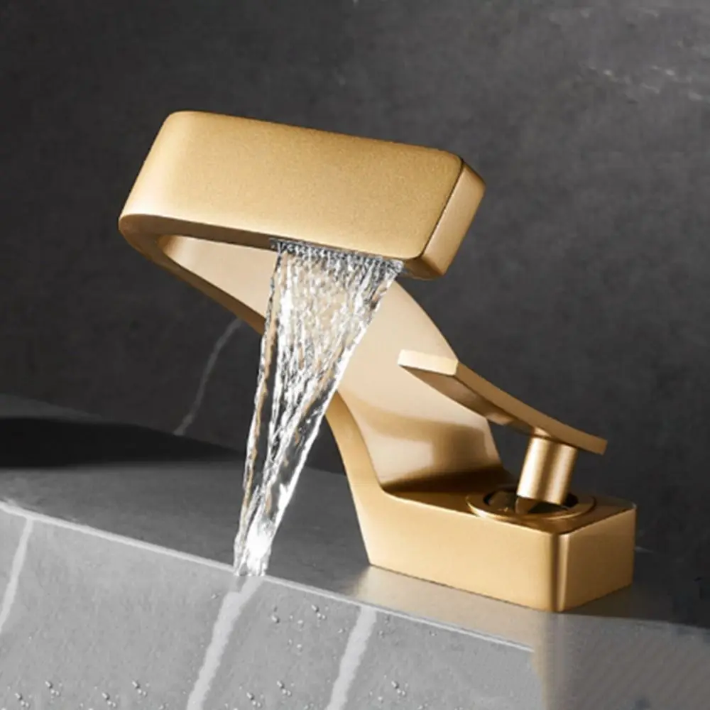 Matte Golden White Basin Faucet Brushed Gold Single Handle Waterfall Tap Black Chrome Contemporary Design Bathroom Sink Faucet