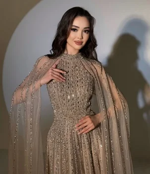Aunber Luxury Champagne Sequin Ombré Evening Dresses High-Neck Halter Prom Dresses With Sheer Cape Party Dresses 1