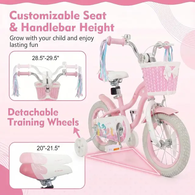 Children's Bike, Toddler Bike with Training Wheels, Streamers, Basket, Handbrake & Rear Brake, Suitable for 3+ Years Old Boys &