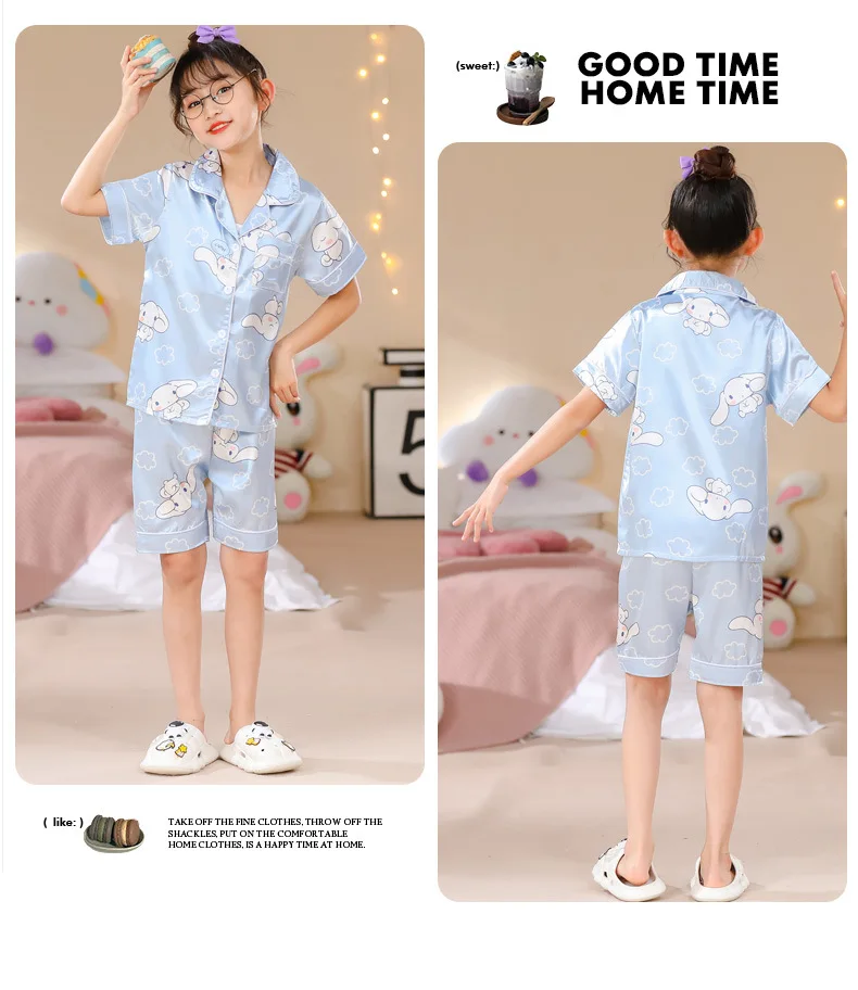 Girls Ice Silk Pajamas Set Children's Sanrio Hello Kitty Cartoon Turn-down Collar Short Sleeve Top + Shorts 2Pcs Kids Nightwear